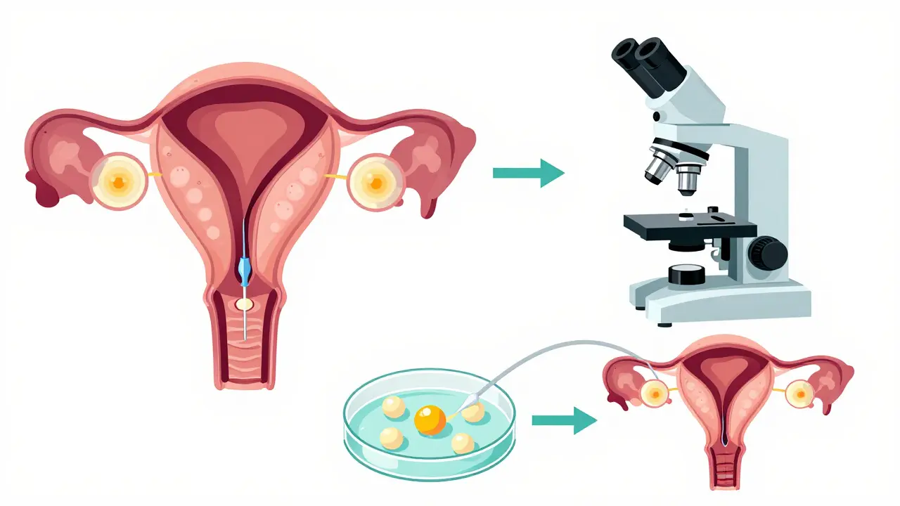 Ilustrace kroků IVF: extrakce vajíček, oplodnění v laboratoři a přenos embrya do dělohy.