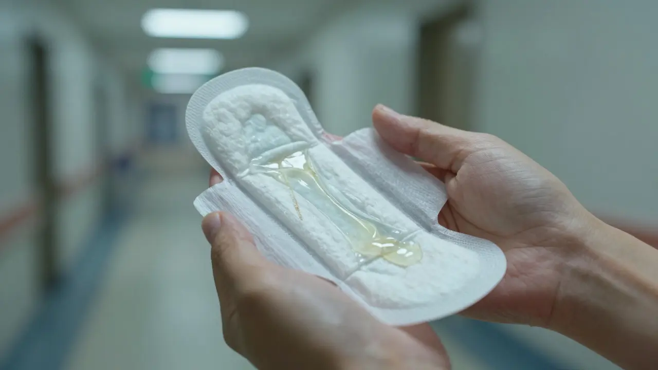 Kapky plodové vody na podložce vedle lékařského dokumentu, realistický detail.