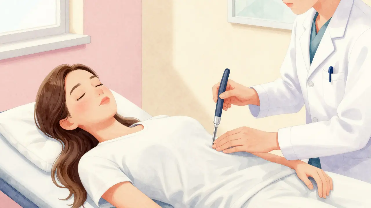 Lékař vysvětluje prohlídku mladé ženě v ordinaci