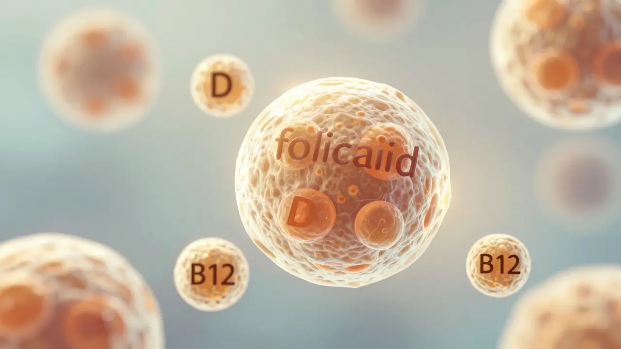 Mikroskopický pohled na vajíčko obklopené klíčovými vitamíny pro vývoj plodu.