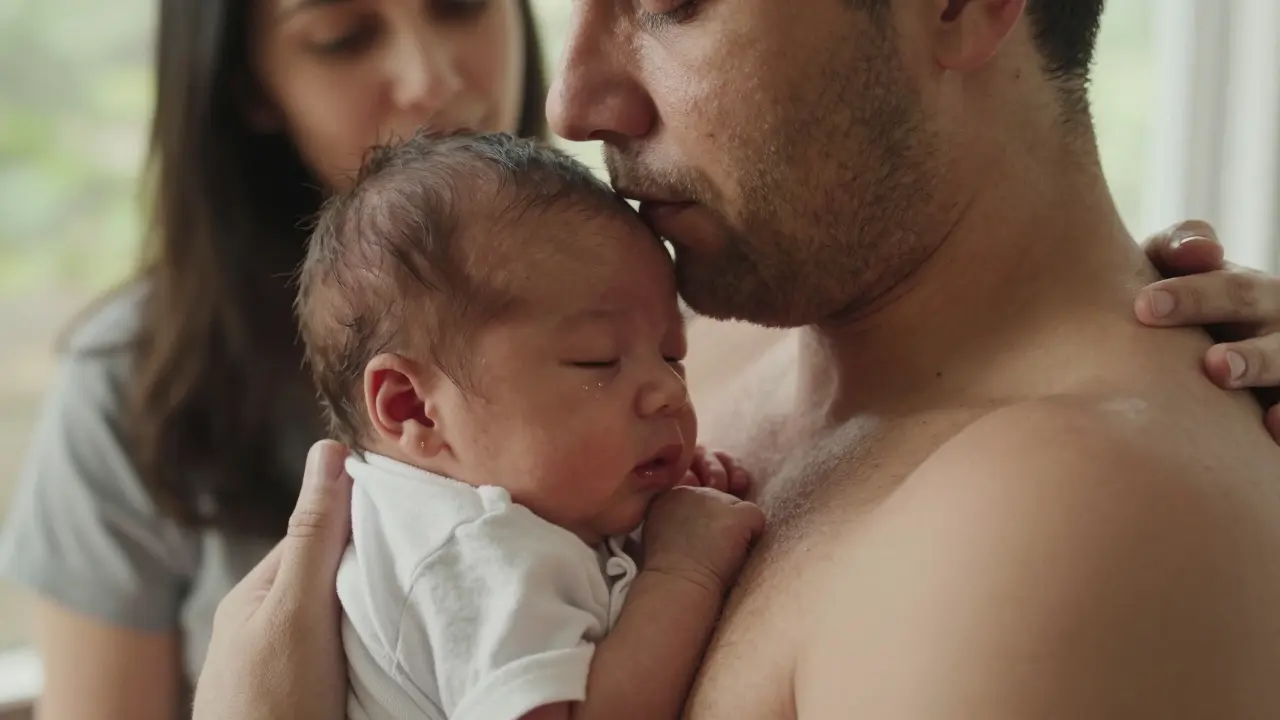 Otec drží novorozence na hrudi, oči zavřené, slzy na tváři, matka jemně dotýká jeho ramene.