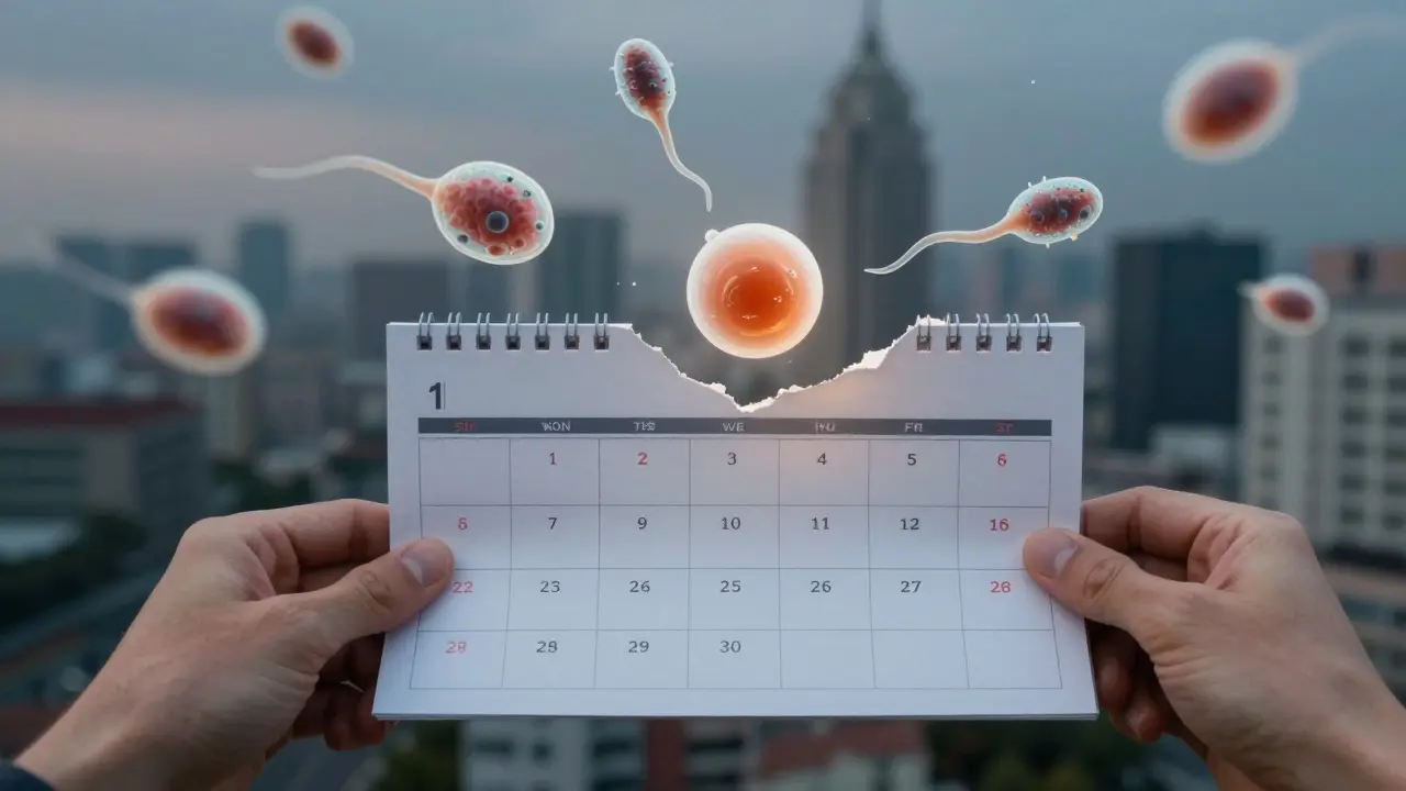 Přetržený kalendář s plavajícími spermie a vajíčkem, symbolizující nejistotu přírodních metod plodnosti.