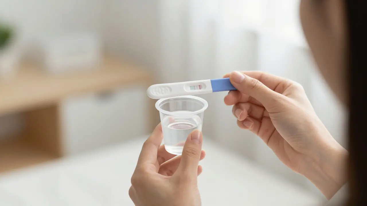 Ruce držící test na těhotenství v moči.