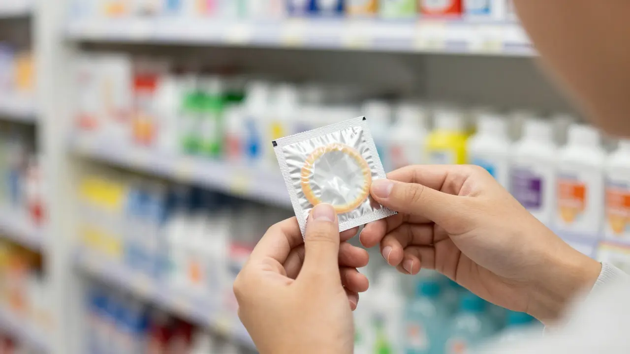 Ruka držící kondom v lékárně s přirozeným osvětlením.