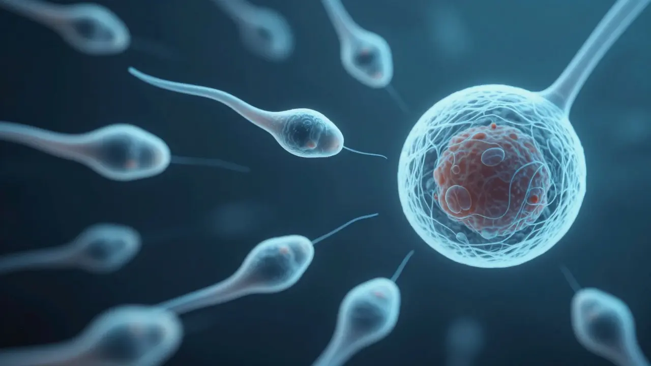 Spermií plavoucí k vajíčku v mikroskopickém zobrazení s modrými odstíny.