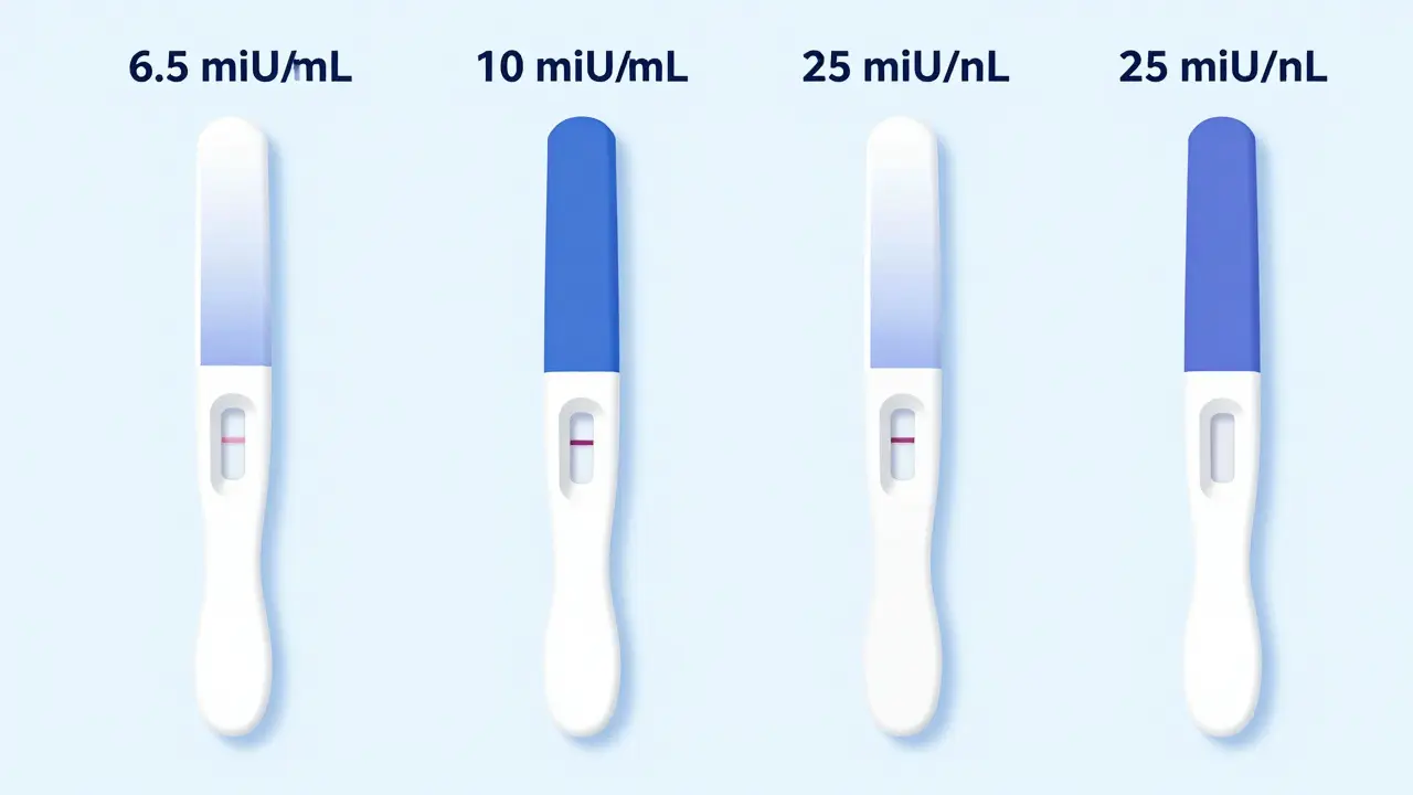 Srovnání citlivosti těhotenských testů podle hladiny hormonu hCG v moči v průběhu dnů.