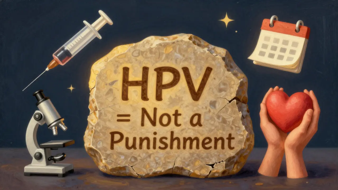 Symbolický obraz kamenité desky s větou o nepřítomnosti trestu, obklopený symboly očkování a léčby.