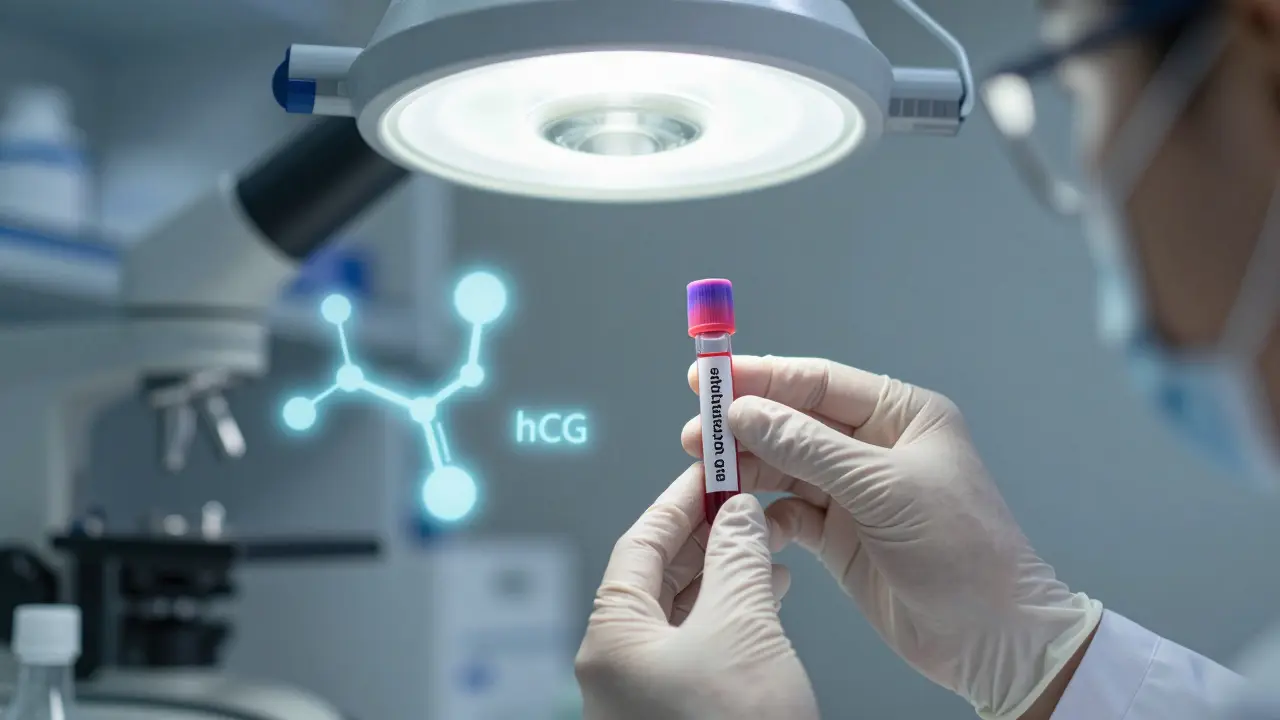 Technička pracuje s krevní vzorkem v laboratoři s molekulárními strukturami v pozadí.