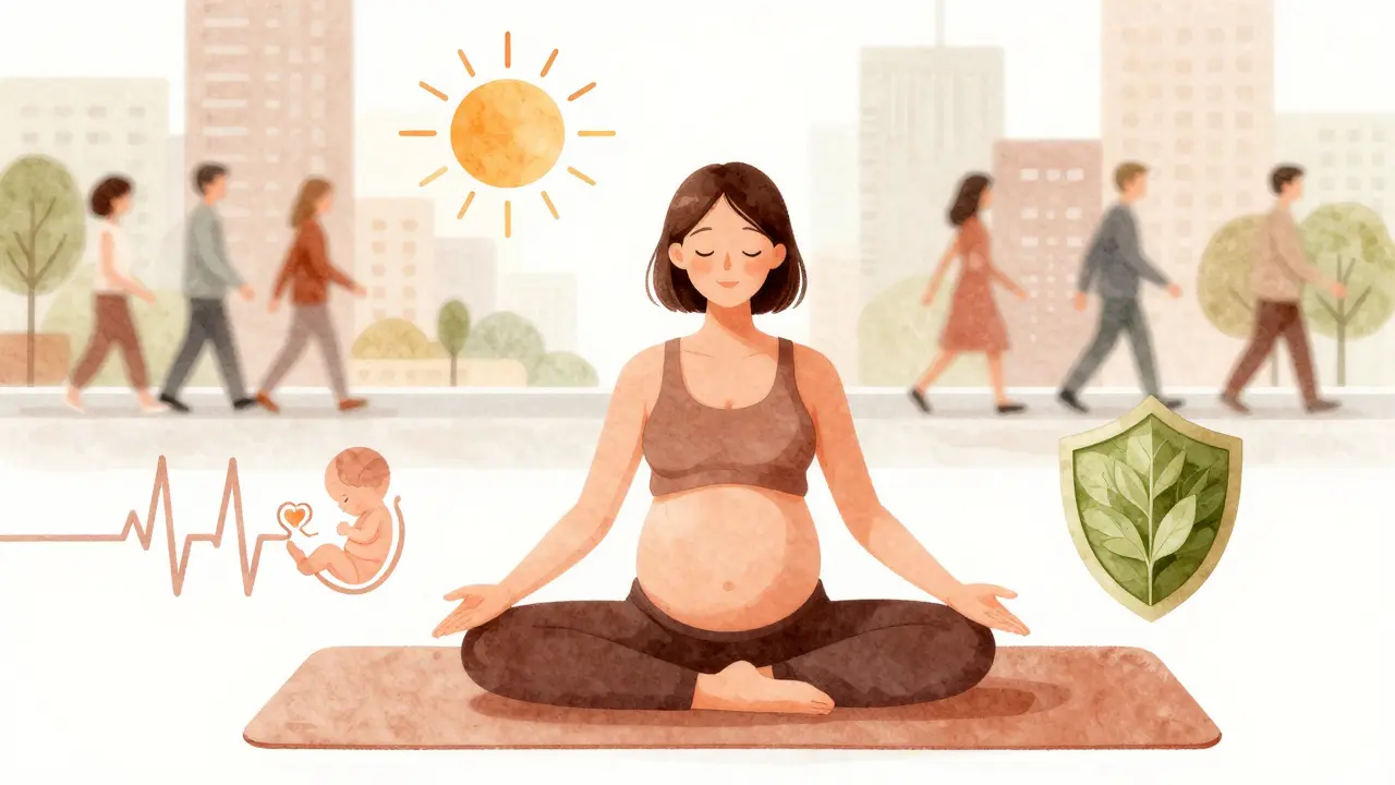 Těhotná žena dělá jógu v klidném prostředí, symbolizující bezpečné a vyvážené těhotenství.