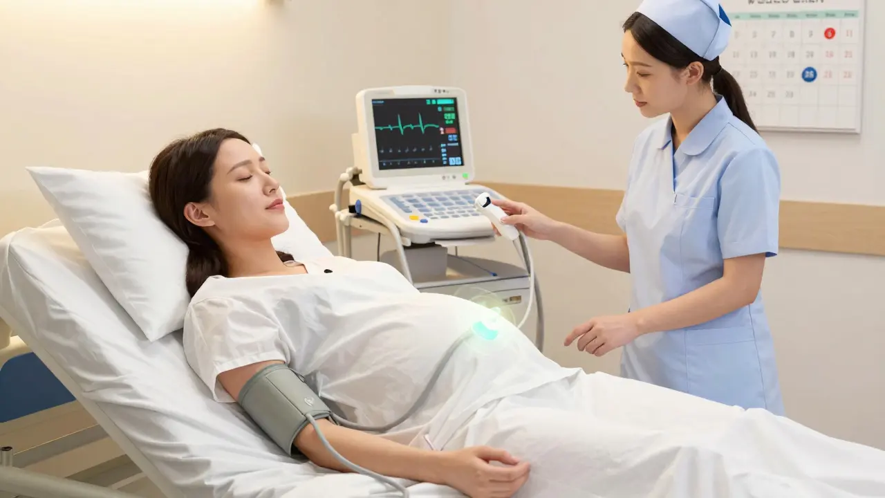 Těhotná žena v 32. týdnu sleduje pohyby plodu v nemocnici, s monitorováním krevního tlaku.