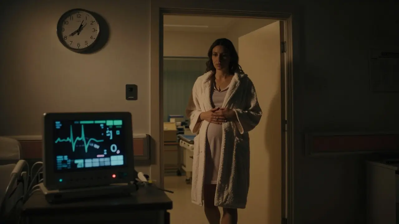 Těhotná žena vchází do nemocnice v noci, rozhodnutá, s časem na stěně.