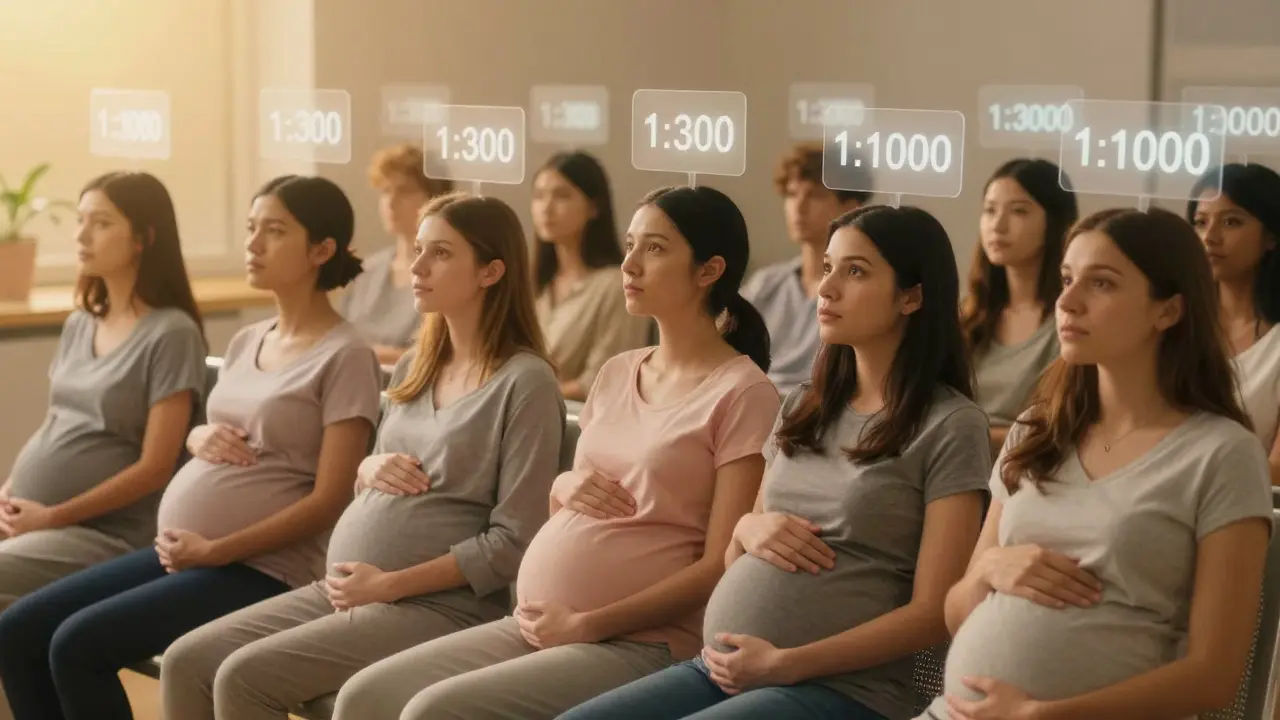 Těhotné ženy v čekárně s představou pravděpodobností rizika nad hlavami.