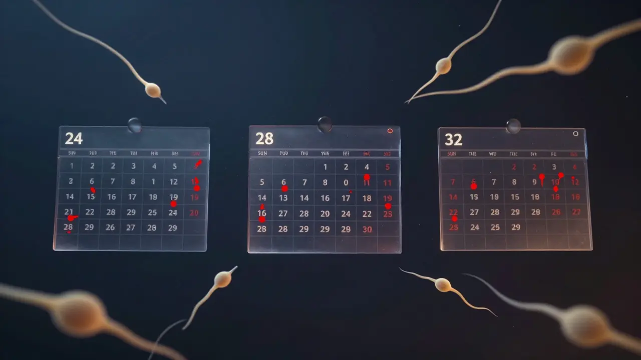 Tři překrývající se kalendáře s nestálými červenými značkami a spermie mezi nimi.