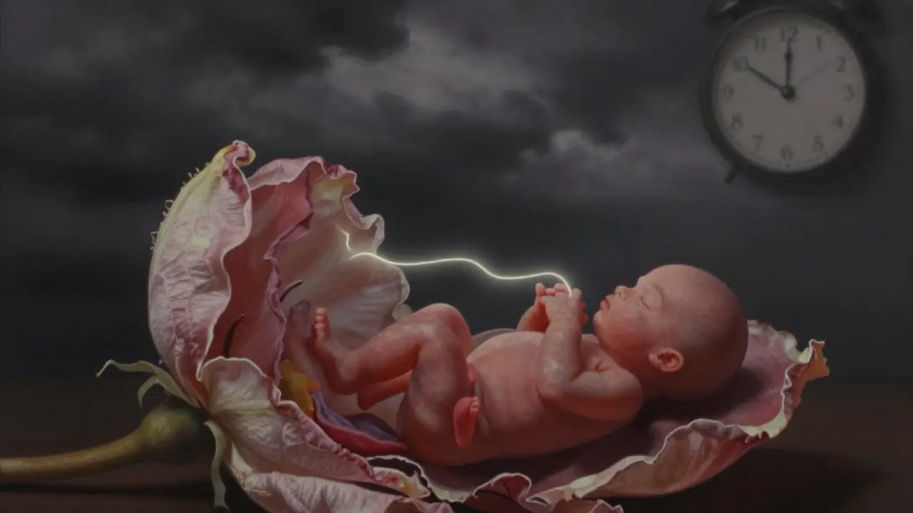 Uvadající placenta jako květ v 41. týdnu těhotenství, spojená s plodem slabou světelnou čárou.