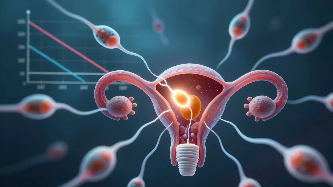 Vajíčko s plavoucím spermiem a grafy plodnosti v pozadí.