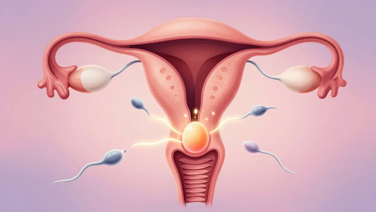 Vnitřní pohled na ovulaci a cestu spermie k vajíčku.