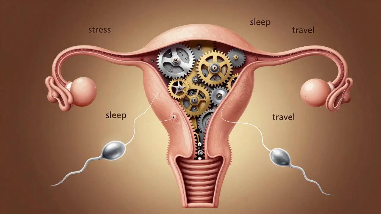 Vnitřní ženský orgán jako mechanický hodinový mechanismus s pohybujícími se součástkami.