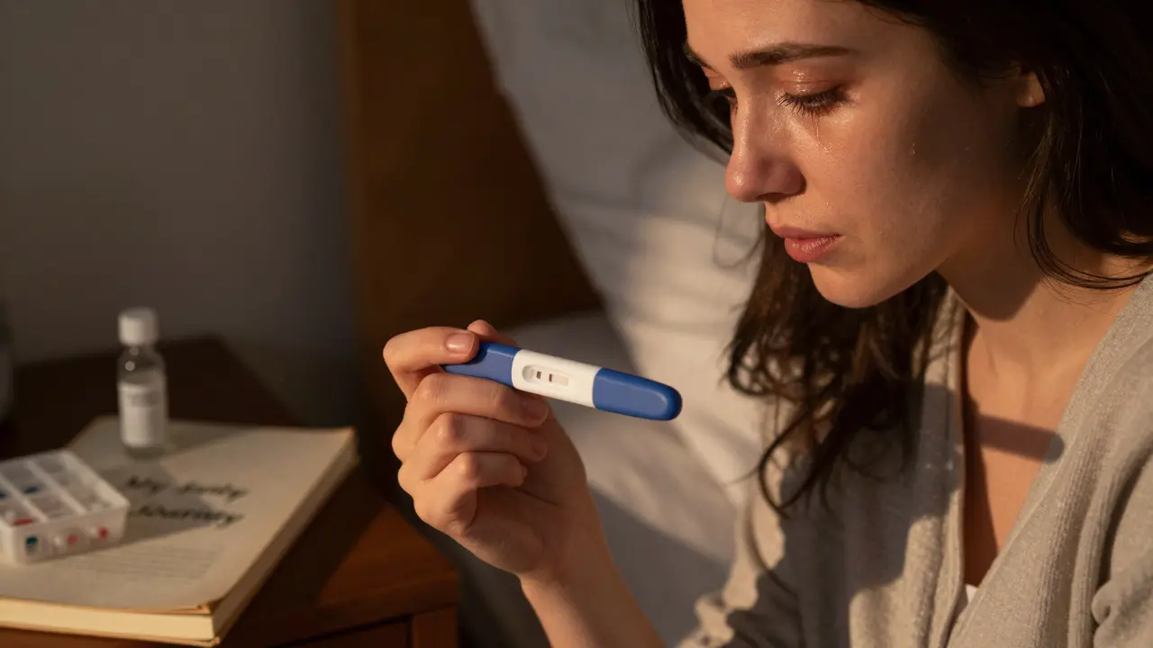 Žena drží kladný test na těhotenství v ruce, ranní světlo padá na její slzy a vajíčko uložené v lednici.