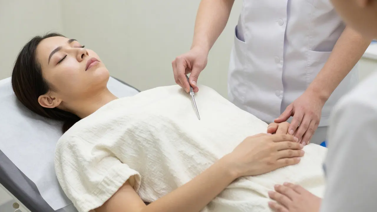 Žena na vyšetřovacím stole je přikrytá plátnem, ošetřovatelka drží speculum s klidným gestem.