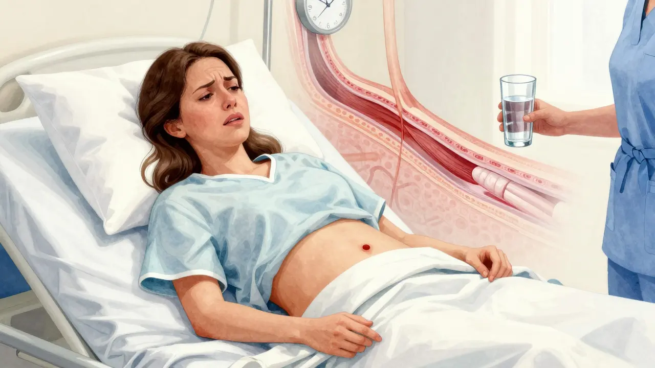 Žena po císařském řezu v nemocniční posteli, viditelná jizva, podpírá se polštáři, v pozadí světlo z okna.