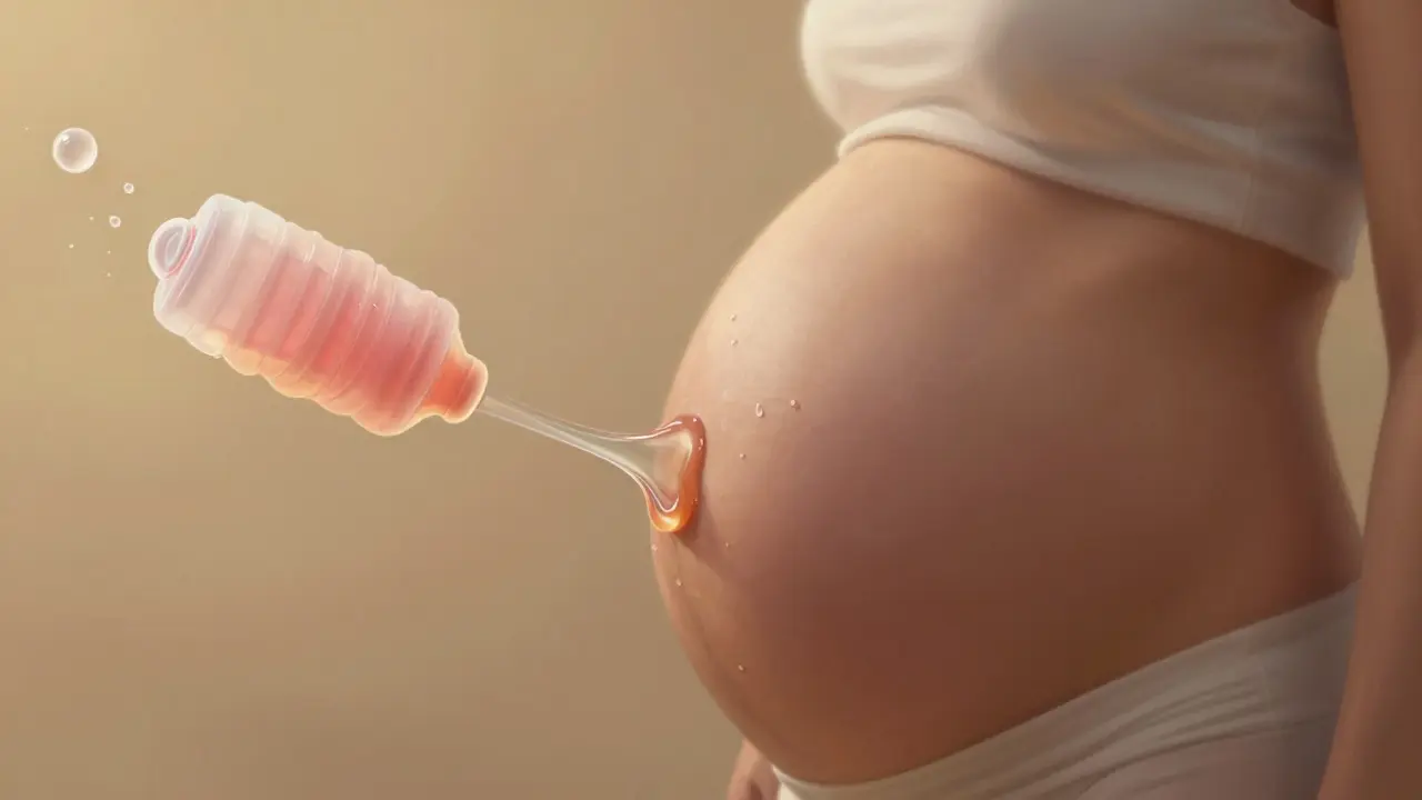 Žena v pozdním těhotenství s uvolňující se hlenovou zátkou.