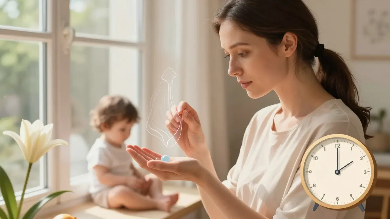 Žena zkoumá cervikální hlen při denním světle s dítětem na pozadí