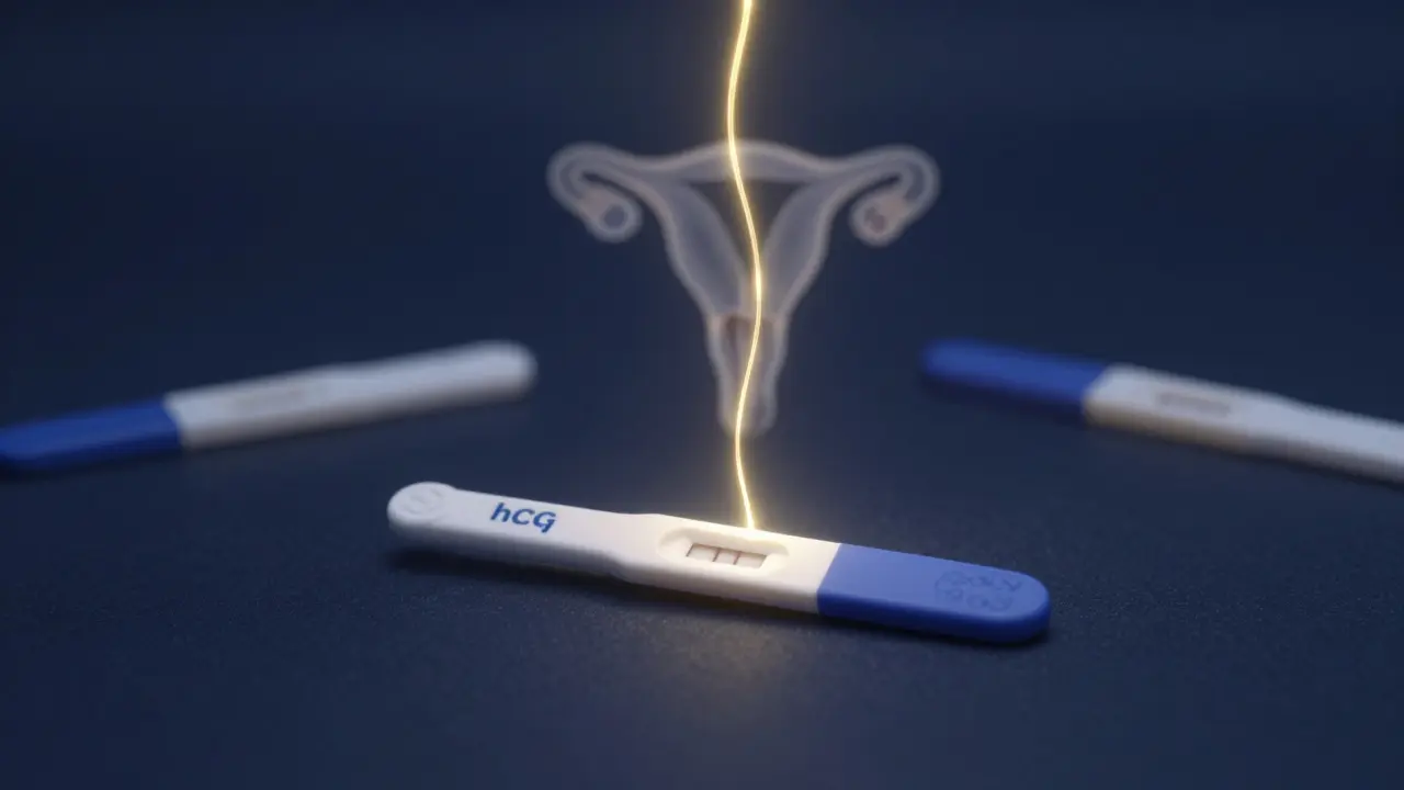 Zlatý proud hormonu hCG spojuje dělohu s citlivým těhotenským testem v abstraktní scéně.