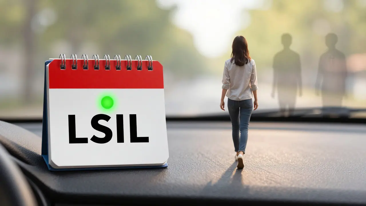 Automobilní nástěnná deska s zelenou výstražnou lampou a cesta sluncem jako metafora LSIL.