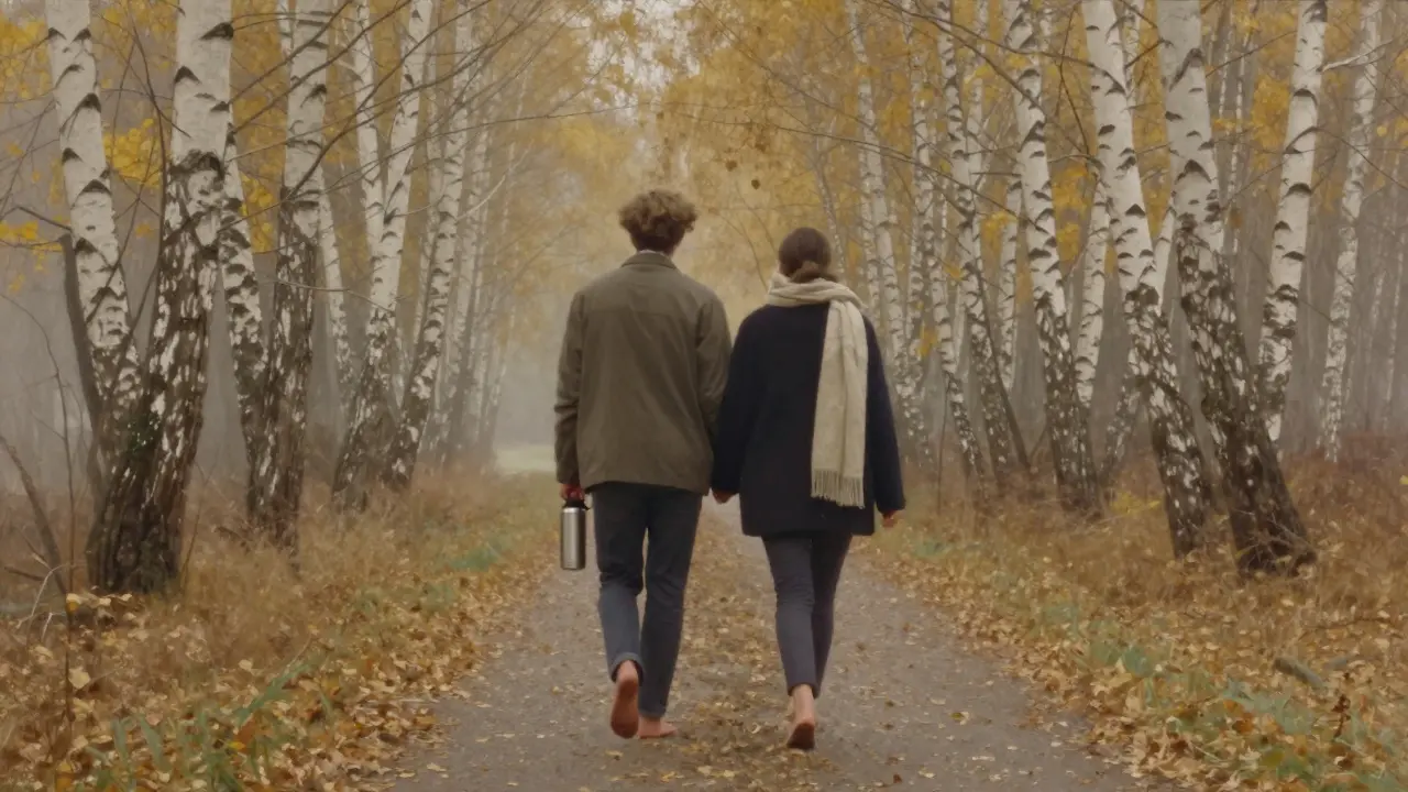 Dva lidé kráčejí bosí skrz les, ruce spojené, bez telefonů, jen listí a tichý večer.