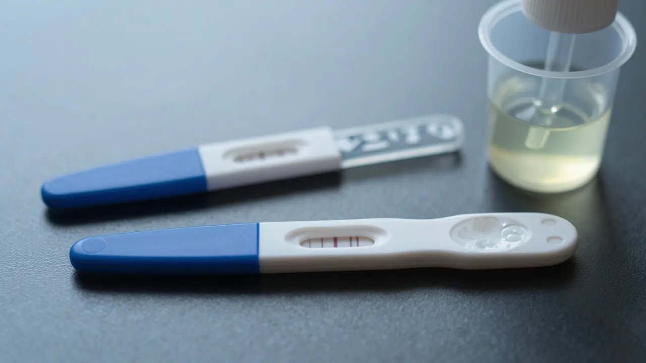 Dva těhotenské testy vedle sebe: jeden poškozený, druhý s jemnou pozitivní čárou.