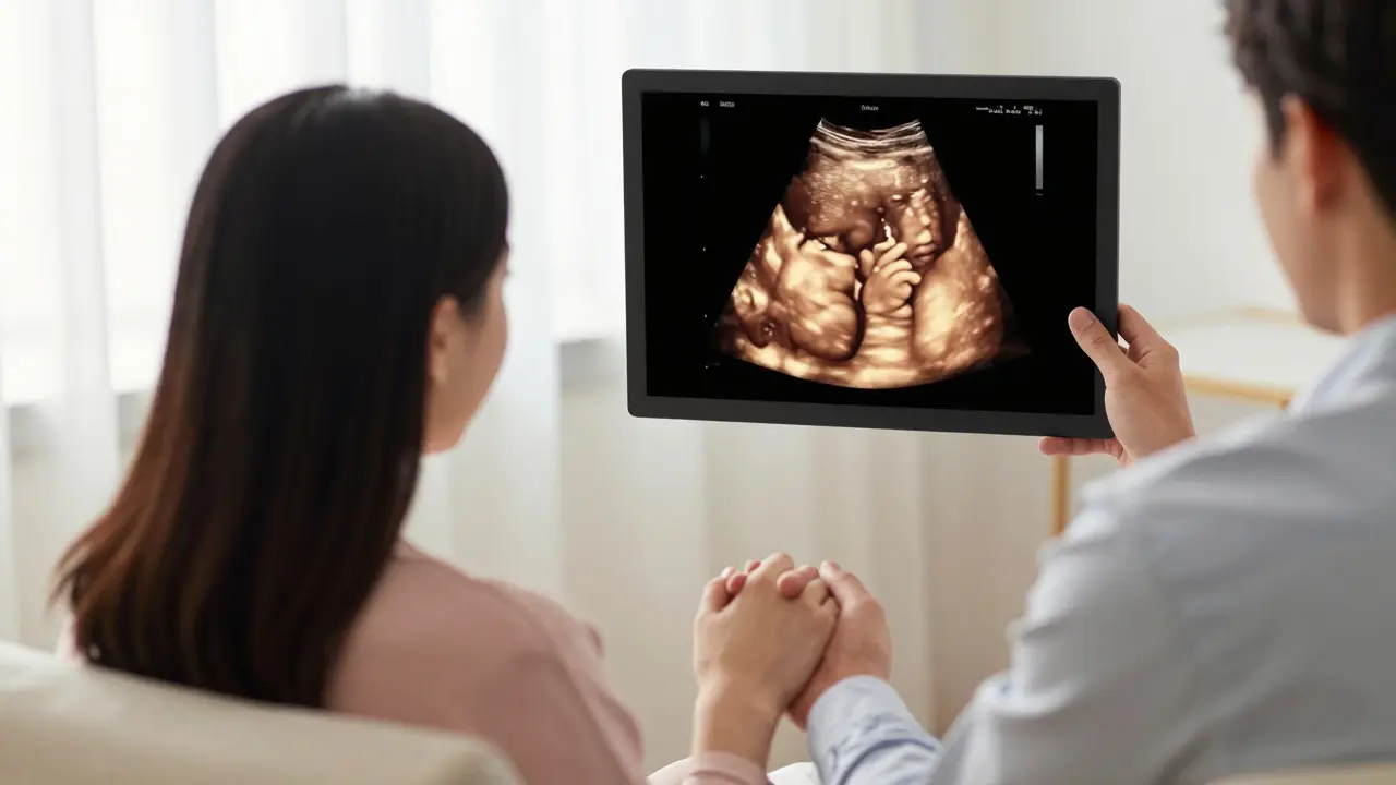 Dvojice sledující ultrazvukový obraz plodu, který se dotýká obličeje, v klidném prostředí s jemným osvětlením.