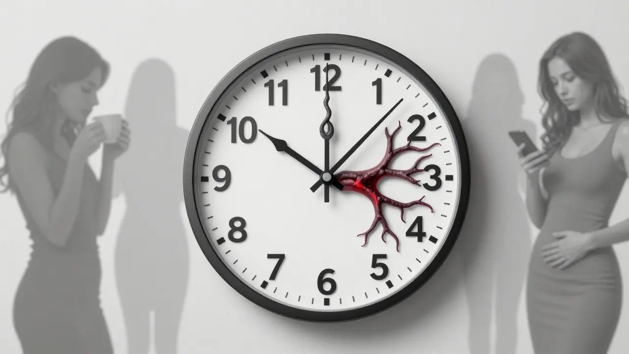 Hodiny s ručičkami tvořenými vaječníky a vejcovody, kolem nich rychle rostoucí nádor a ženy, které přehlížejí příznaky.