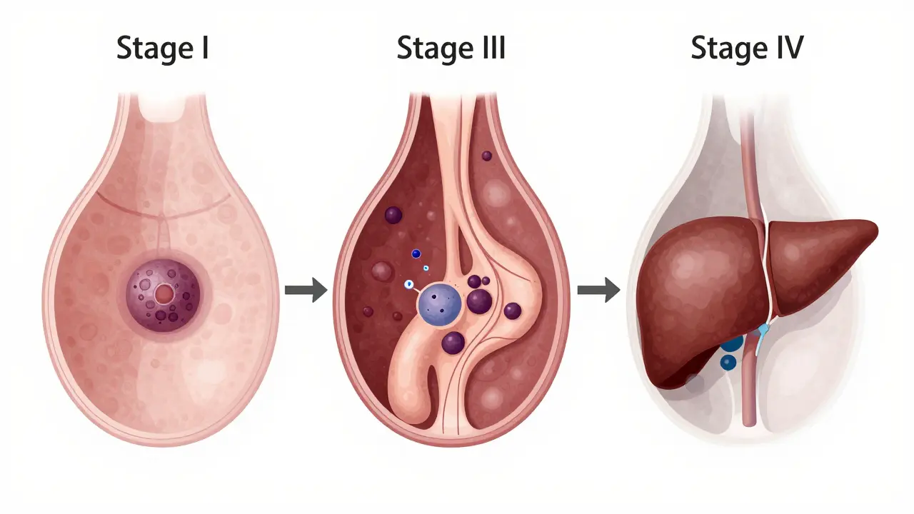 Ilustrace postupu rakoviny vaječníků ve třech stádiích bez textu.