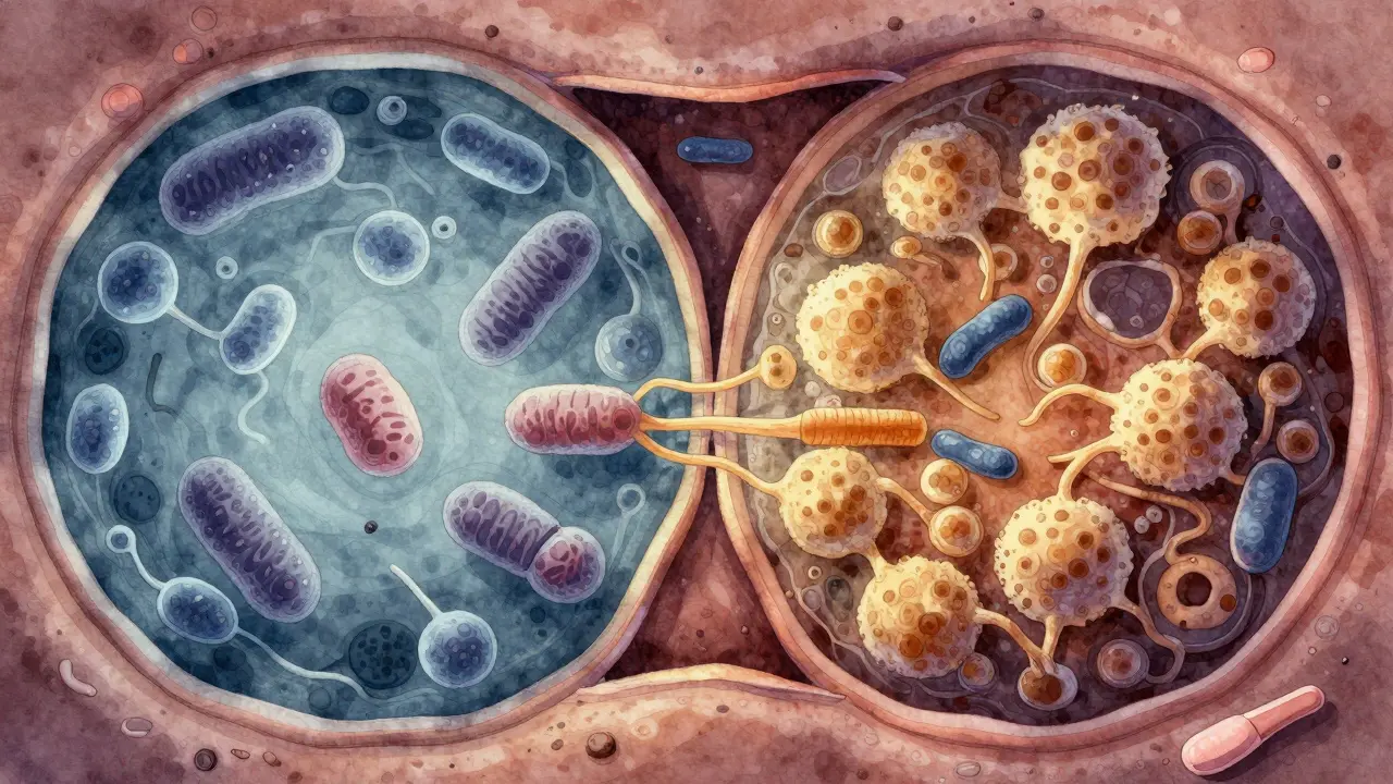 Mikroskopický pohled na přebytek hub Candida albicans v porovnání se zdravou bakteriální flórou.