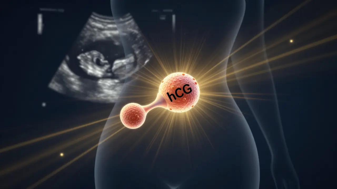 Molekula hCG nad ženským břichem s přechodnou ultrazvukovou obrazovkou.