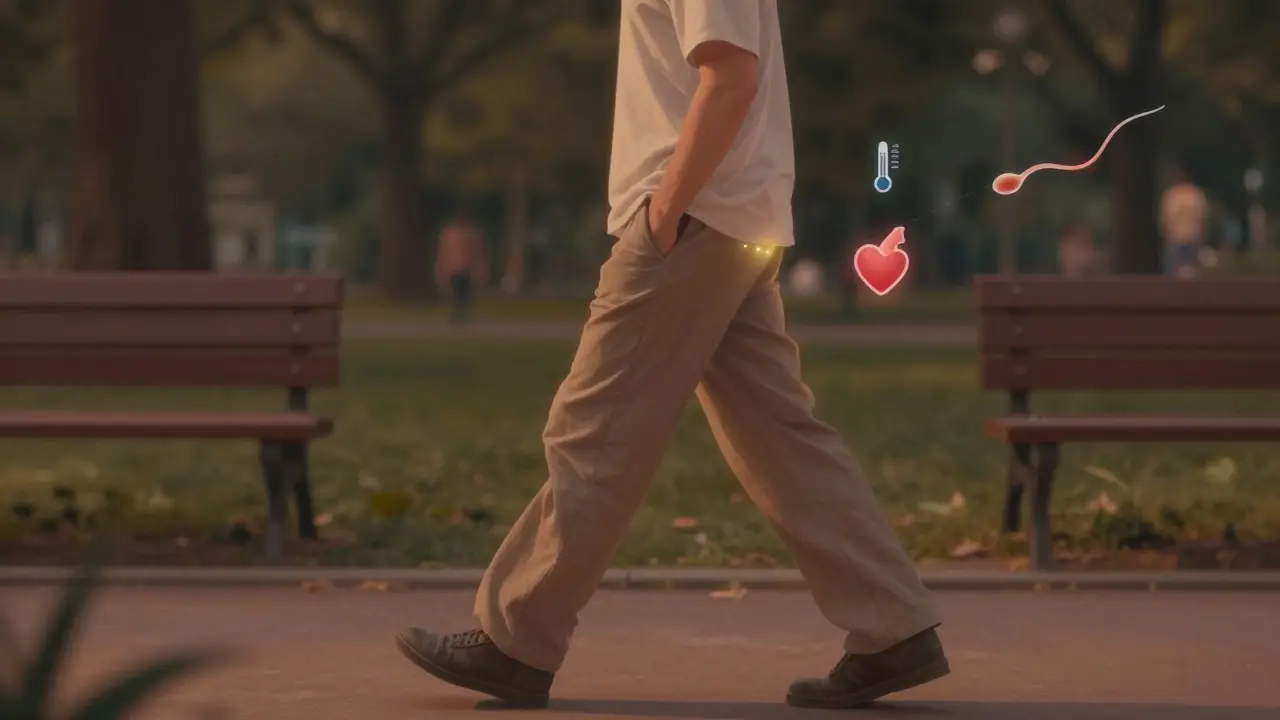 Muž kráčí v parku večer, bez telefonu v kapsách, s jemným zářením kolem pánve.