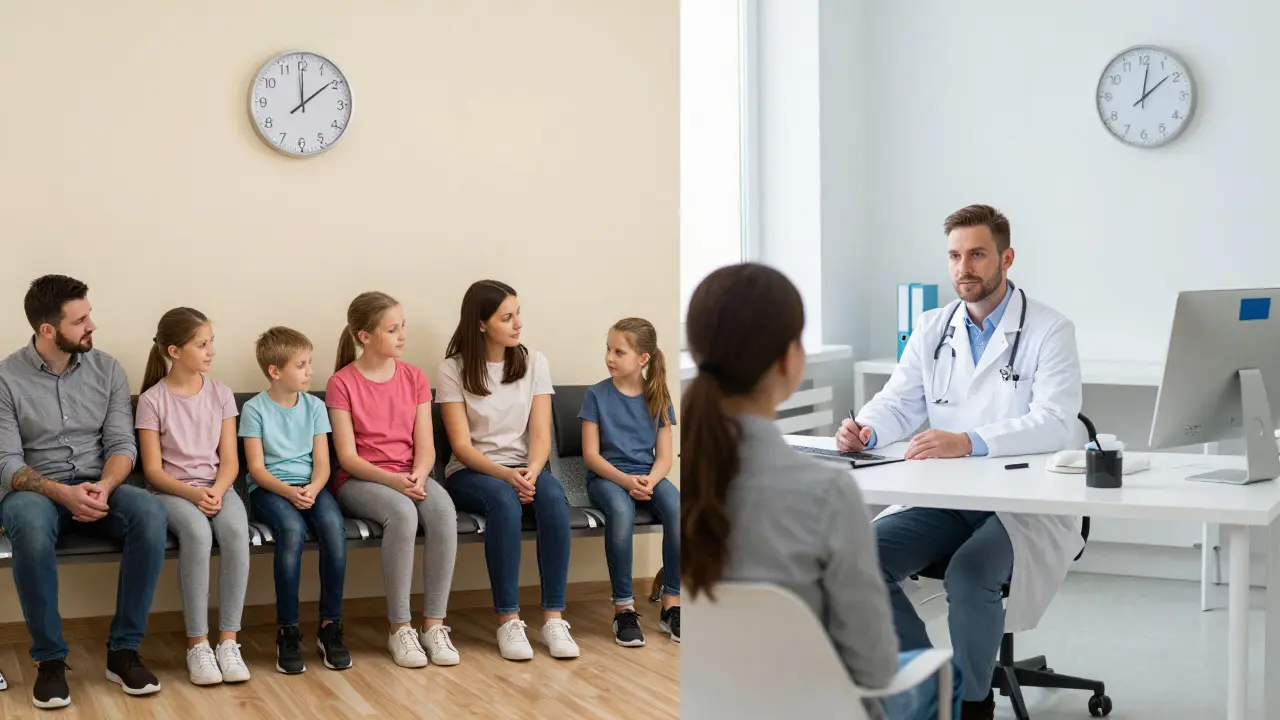 Porovnání české a německé ordinace: plný čekací sál proti klidné návštěvě s delším časem pro pacienta.