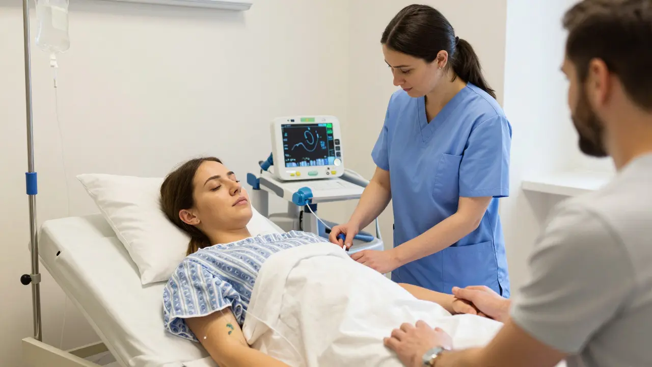 Působivý pohled na epidurální injekci během porodu s přítomností porodní sestry a partnera.