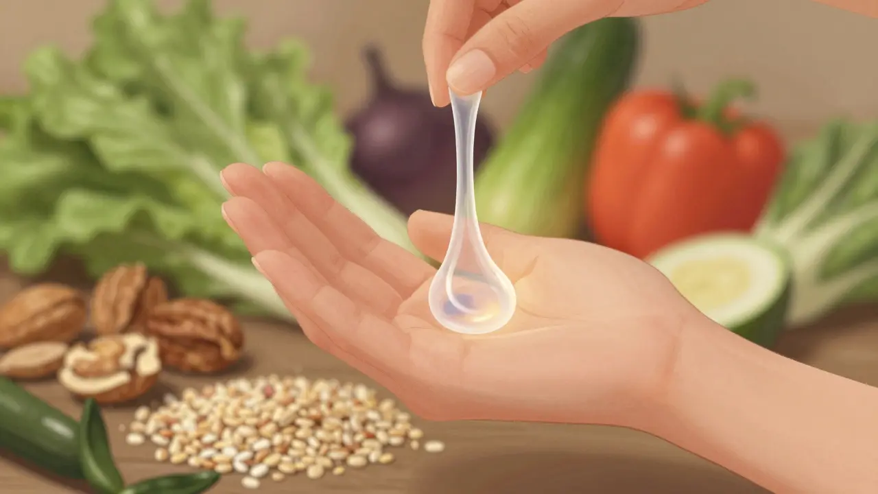 Ruka s průhledným slizem vedle zdravých potravin jako ořechy a zelenina.