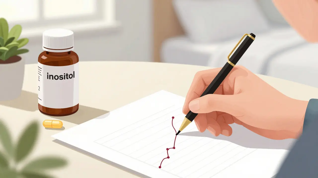 Ruka zakresluje křivku teploty s výrazným nárůstem po ovulaci, vedle doplňky výživy.