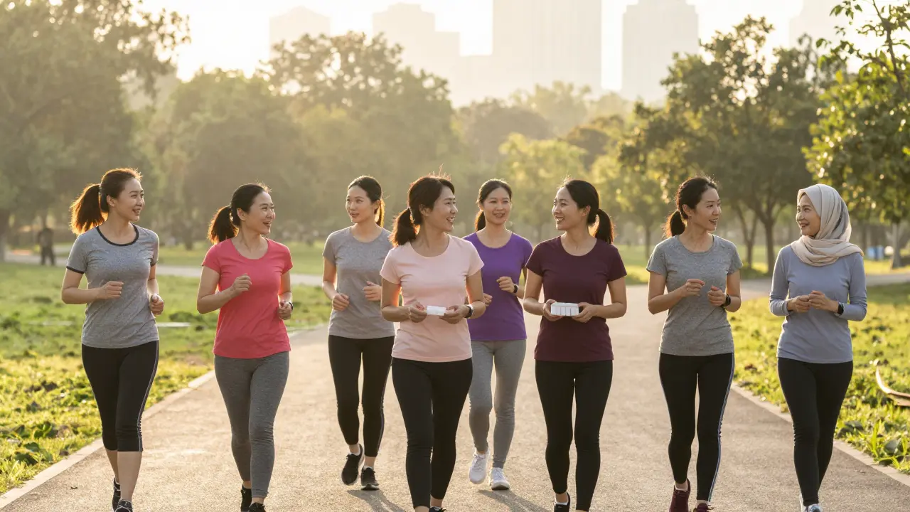 Skupina žen v parku po léčbě rakoviny vaječníků, když se těší na slunce.