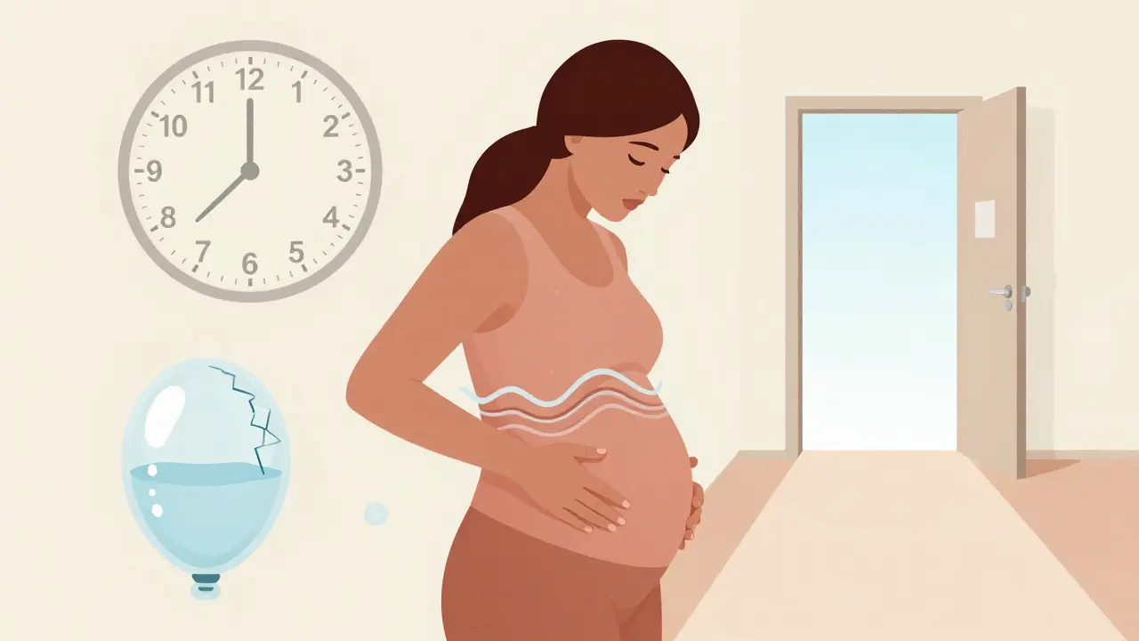 Symbolický obraz porodu: čas, tlak, prasklý vodní měšec a cesta do porodnice.