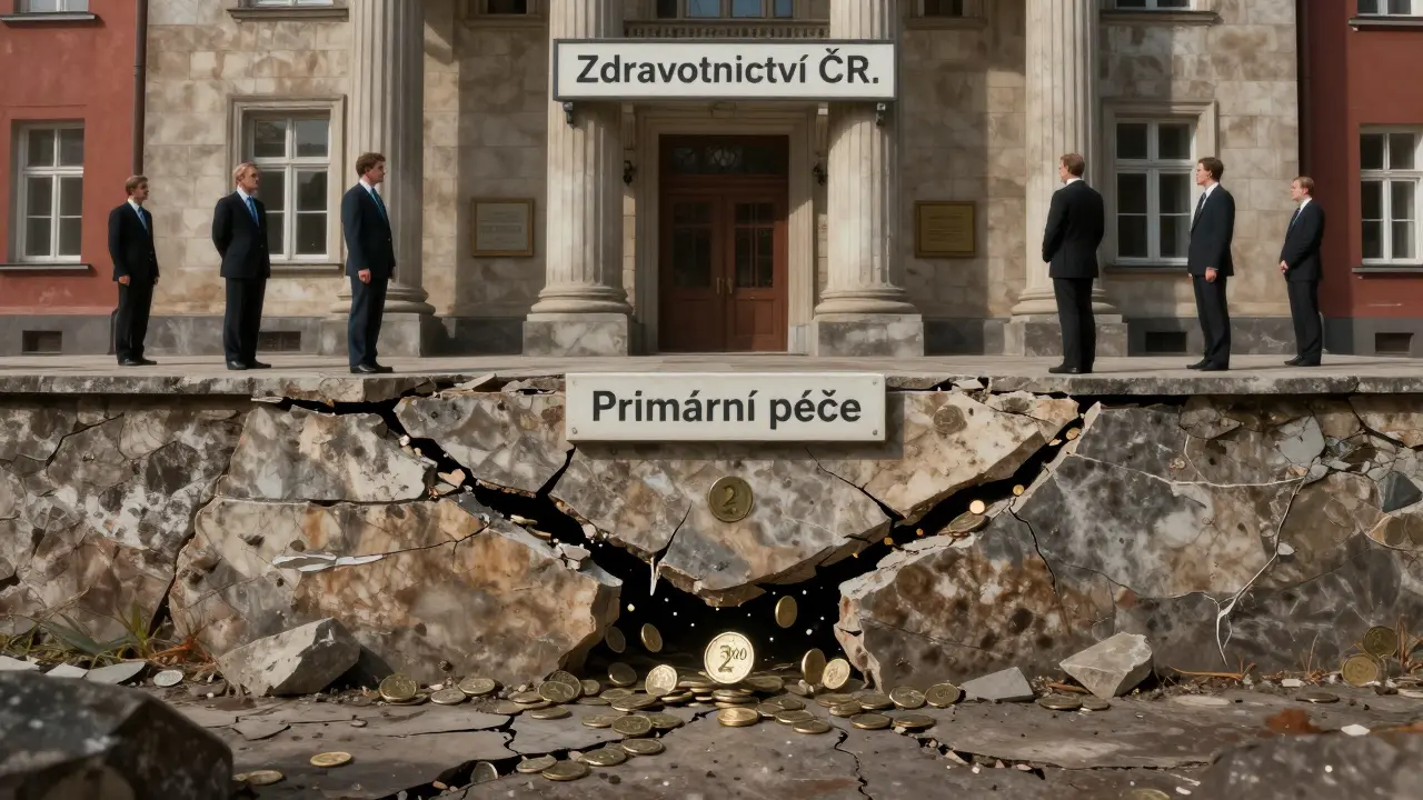 Symbolický obraz zhroutivšího základu primární péče pod celým zdravotnickým systémem, s padajícími korunami.