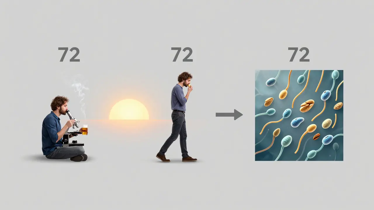 Tři scény ukazují přechod od škodlivých návyků k zdravému životnímu stylu s mikroskopickými spermiemi.