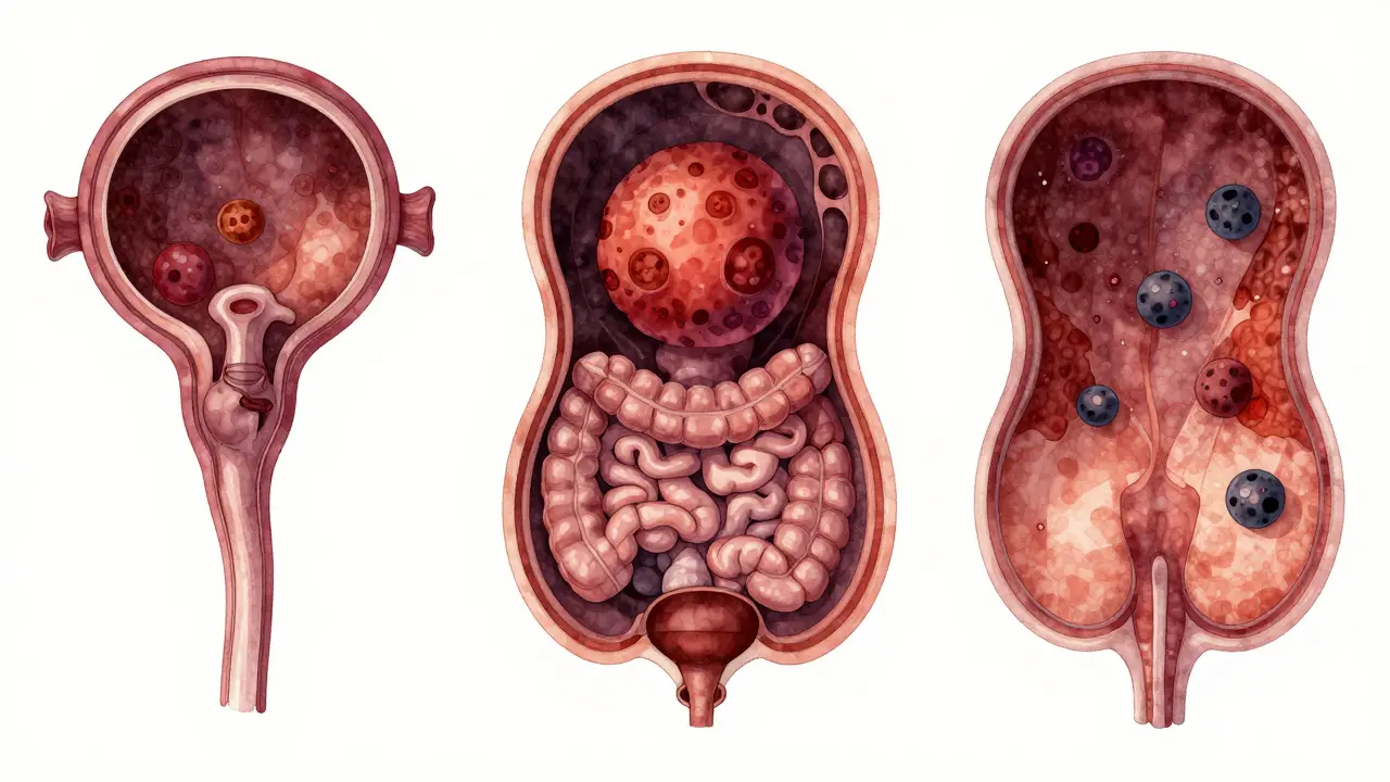 Tři stádia rakoviny vaječníků: malý uzlík, rozšiřující se nádor a metastázy v břišní dutině.