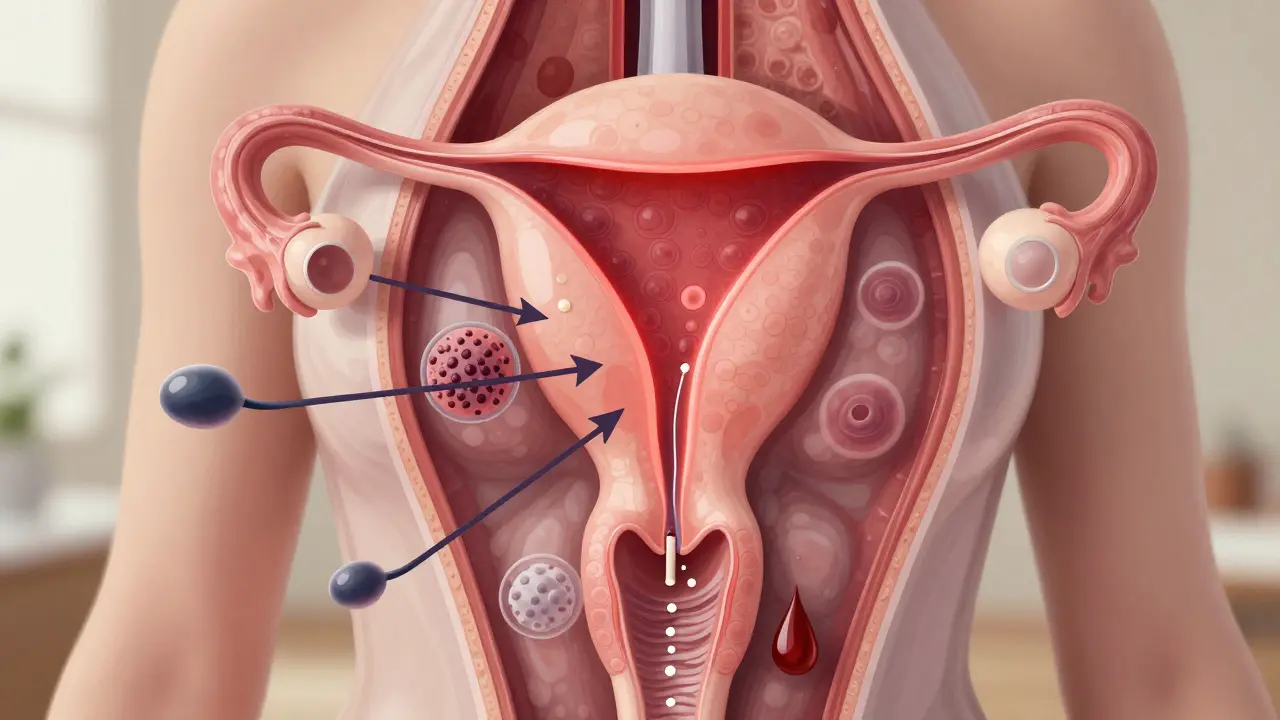 Vnitřní pohled na děložní hrdlo s vlivy spermie, infekce a kouření na buňky.