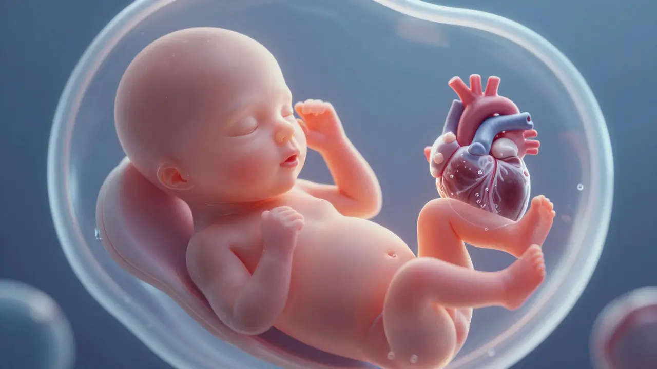 Vývoj plodu ve 30. týdnu těhotenství s podrobnými anatomickými strukturami jako srdce, mozek a končetiny ve vodnatém prostředí.