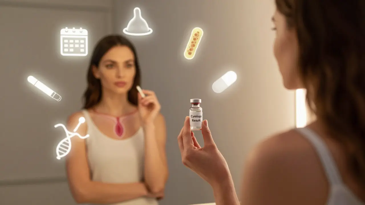 Žena drží výsledek cytologie, za ní symboly ovlivňujících faktorů.