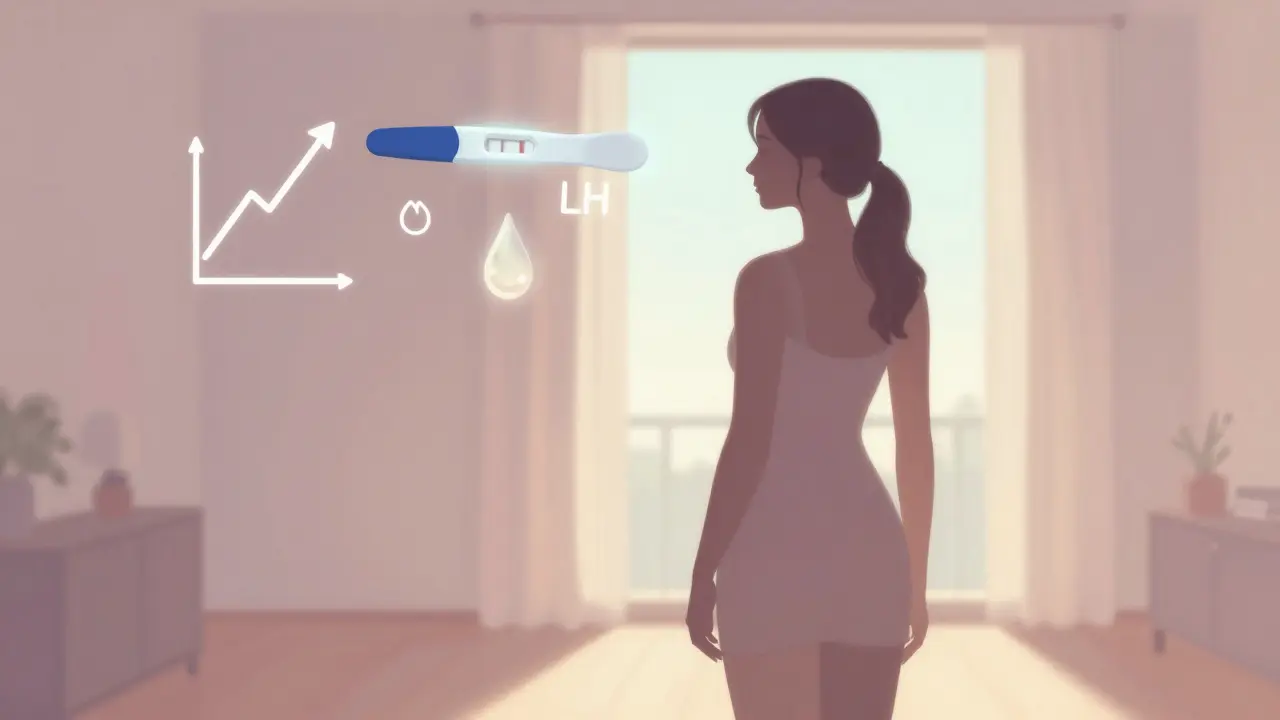 Žena je obklopena symboly ovulace: teplotní křivka, test a výboj, ve světlé místnosti.