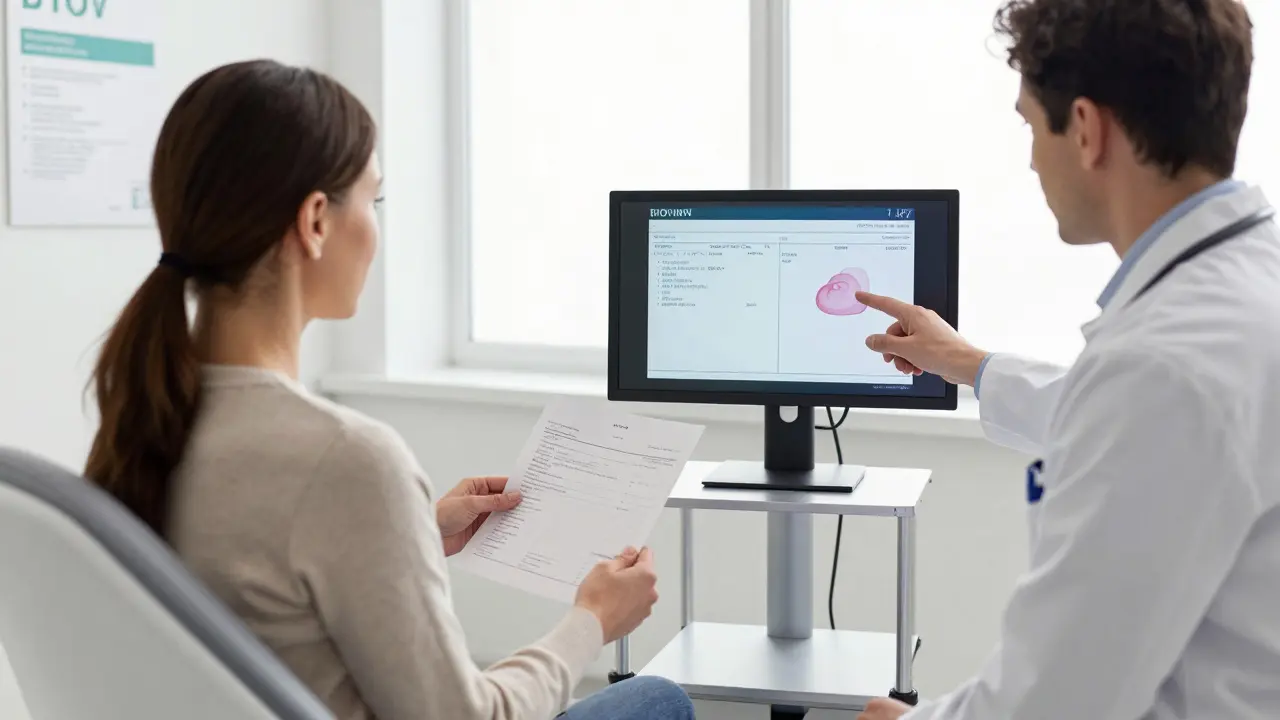 Žena na gynekologické prohlídce v Brně, kde lékář ukazuje výsledky testů na obrazovce.